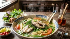 Tô bún cá tầm nóng hổi với nước dùng chua ngọt và những lát phi lê cá dai giòn hấp dẫn