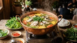 Nồi lẩu cá tầm Đà Lạt bốc khói nghi ngút với những lát thịt trắng ngần và sụn giòn rụm bên đĩa rau tươi xanh