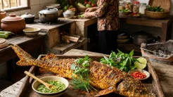 Món cá tầm nướng muối ớt nguyên con vàng giòn rụm, thịt săn chắc ngấm đều gia vị đậm đà