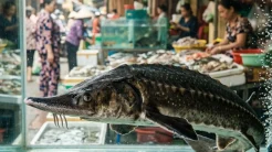 Cận cảnh con cá tầm Sapa khỏe mạnh bơi lội trong bể nước trong vắt với phần bụng trắng hồng tự nhiên