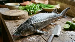 Quá trình thực hiện cách làm cá tầm hết nhớt bằng dao cạo chuyên dụng trên thớt gỗ trong không gian bếp chuẩn Việt Nam