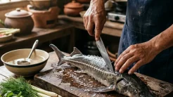 Đầu bếp nhà hàng thực hiện cách mổ cá tầm dọc sống lưng để loại bỏ tủy trắng và lạng phi lê trên thớt gỗ