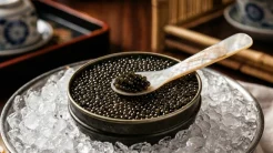 Khẩu phần trứng cá tầm đen thượng hạng đặt trên khay đá lạnh cao cấp, tương xứng với mức giá trứng cá tầm trên thị trường