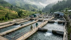 Cận cảnh hệ thống bể nước chảy tràn áp dụng kỹ thuật nuôi cá tầm thương phẩm tại Việt Nam