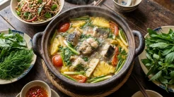 Nồi lẩu cá tầm măng chua bốc khói nghi ngút ăn kèm rau xanh tươi mát và bún tại bàn ăn gia đình