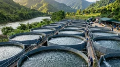 Toàn cảnh hệ thống bể nổi kiểm soát mật độ nuôi cá tầm tiêu chuẩn tại trang trại thủy sản công nghệ cao ở Việt Nam